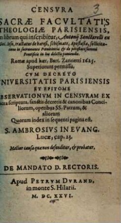 Censura sacrae facultatis theologiae Parisiensis : Cum decreto universitatis Parisiensis ...