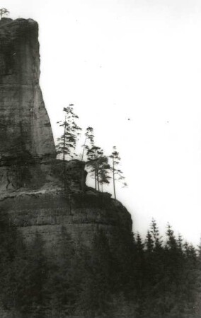 Sächsische Schweiz. Kleiner Zschand, Bärfangwarte. Seilschaft Karlheinz Gonda/Gerhard Junghans an der Stolleverschneidung (VIIb)