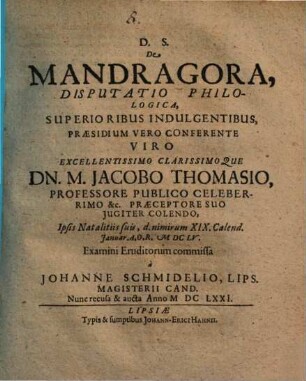 De Mandragora, Disputatio Philologica