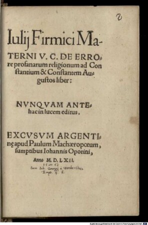 De errore profanarum religionum ... Liber