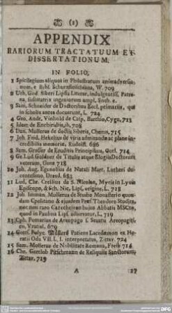 Appendix [II.] Rariorum Tractatuum Et Dissertationum