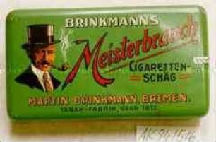 Blechdose für 50g Tabak "BRINKMANNS Meisterbrauch CIGARETTEN-SCHÄG" (Abbildung: Kopf eines Pfeiferauchers mit Zylinder)