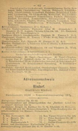 Adressennachweis von Rixdorf. Stadtkreis Rixdorf