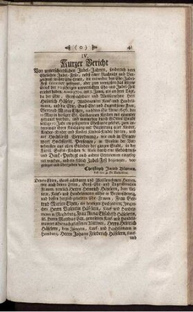 Christoph Jacob Blumen, Past. Sen. zu St. Catharinen, Bericht von unterschiedlichen Jubel-Jahren, sonderlich von Ehelichen Jubel-Festen, nebst Nachricht und Verzeichniß solcher Eheleute, die entweder das Ehe-Jubel-Fest solenniter gefeyret, oder zum wenigsten das seltene Glück der unverrückten 50. jährigen Ehe- und Jubel-Zeit erlebet haben.