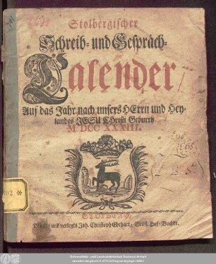 1733: Stolbergischer Schreib- und Gespräch-Calender : auf das Jahr ..