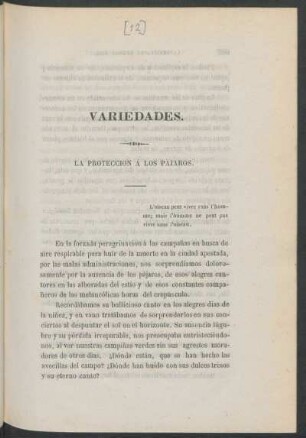 La protección á los pajaros. : Variedades.