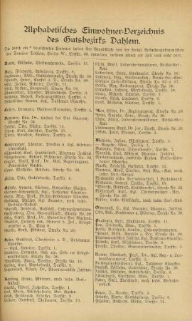 Alphabetisches Einwohner-Verzeichnis des Gutsbezirks Dahlem