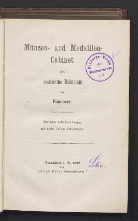 3: Münzen- und Medaillen-Cabinet des Justizraths Reimmann in Hannover