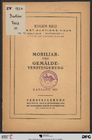 Mobiliar- und Gemälde-Versteigerung : [Gemälde, Mobiliar, Kunstgewerbe, Perser und deutsche Teppiche, Japan- und Chinawaren etc.]; Versteigerung 26. November bis 29. November 1924 (Katalog Nr. 25)