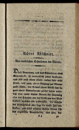 Achter Abschnitt. Von natürlichen Schwärmen der Bienen.