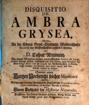 Disquisitio De Ambra Grysea