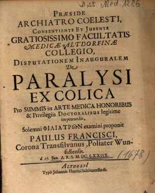 Disputatio Inauguralem De Paralysi Ex Colica