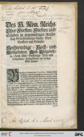Copia Schreibens An Die höchstansehnliche Reichß-Versammblung zu Regenspurg vom Löbl. Fränckischen Creyß-Convent zu Nürnberg : de dato 5. Februarii 1723.