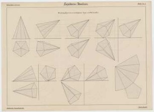 Projektions Zeichnen. : Bez.: Fünfseitige Pyramide in verschiedenen Lagen und Netz derselben., Städtische Gewerbeschule., Guido Hertel., Blatt Nr. 4., Wint. Sem. 1901-02.