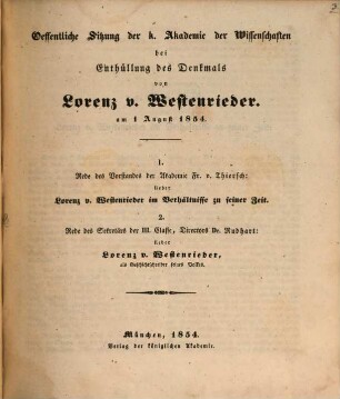 Ueber L. v. Westenwinder als Geschichtschreiber seines Volkes : Öff. Sitzung der K. Akad. d. Wissensch. am 1. Aug. 1854