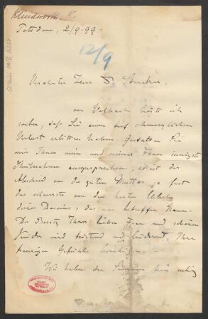Brief an Ludwig Strecker  und B. Schott's Söhne : 02.09.1899