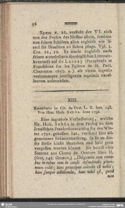 XIII. Emendatio in Cic. de Orat. L. II. sect. 148. Von Hrn. Hofr. Schüz. Iena 1791.