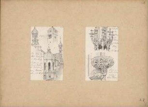 Reiseskizzen aus Österreich, Deutschland und Italien: Augsburg: Heiligkreuz-Kirche (Perspektivische Ansicht, Details), Dom (Perspektivische Ansichten Kanzeldeckel, Konsole)