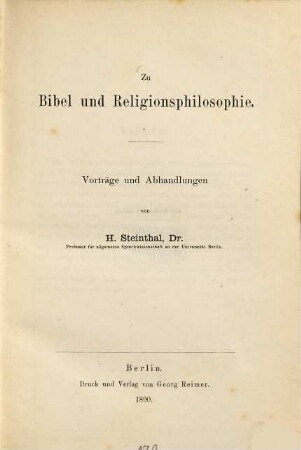 Zu Bibel und Religionsphilosophie : Vorträge und Abhandlungen