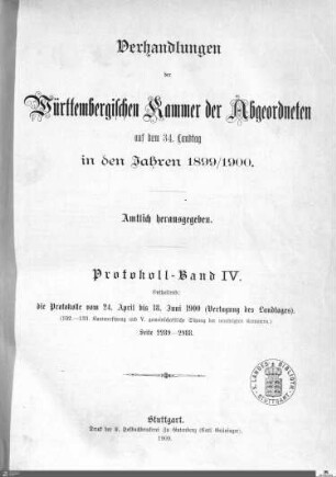 2,82: Landtag Württemberg - Kammer 2, Protokolle 1899-1900, Bd. 4