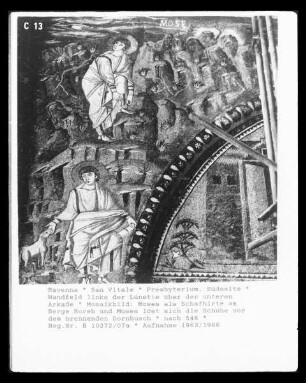 Mosaikbild: Moses als Schafhirte am Berge Horeb und Moses löst sich die Schuhe vor dem brennenden Dornbusch