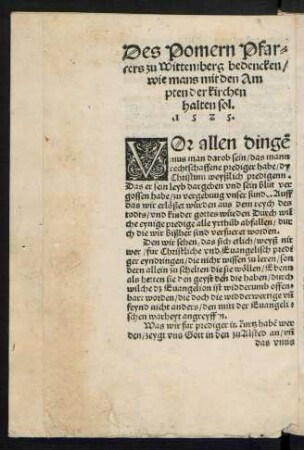 Des Pomern Pfarrers zu Wittemberg bedencken/ wie mans mit den Ampten der kirchen halten sol. 1525.