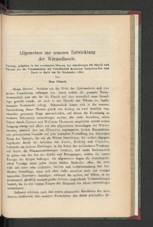 Allgemeines zur neueren Entwicklung der Wärmetheorie.