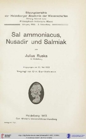 1923, 5. Abhandlung: Sitzungsberichte der Heidelberger Akademie der Wissenschaften, Philosophisch-Historische Klasse: Sal ammoniacus, Nušādir und Salmiak