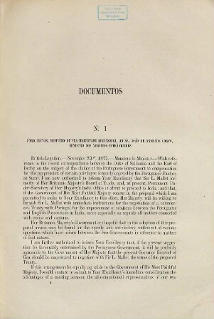 Negocios externos : documentos apresentados ás Cortes na sessão legislativa de ... pelo Ministro e Secretario d'Estado dos Negocios Estrangeiros. 1879,[a]