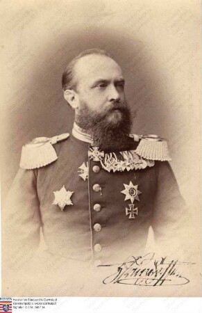 Heinrich Prinz v. Hessen und bei Rhein (1838-1900) / Porträt, Brustbild in Uniform, linksblickend mit Widmungsunterschrift