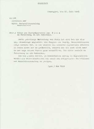 Bitte des Oberpräparators Max Böck um Versetzung in den Ruhestand.