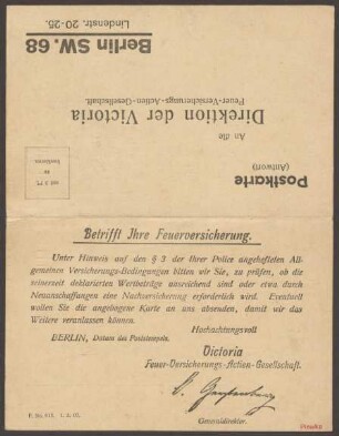 Mitteilungskarte Versicherungsgesellschaft "Victoria", Lindenstraße 20-25