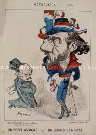 Actualités (3). Un petit avocat et un grand Général - Karikatur auf Premierminister Trochu und General Gambetta