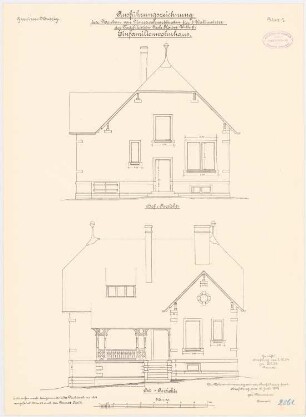 Garnison, Mutzig Wohnhäuser für drei Wallmeister: Einzelwohnhaus: Aufriss Hofansicht, östliche Giebelansicht 1:50