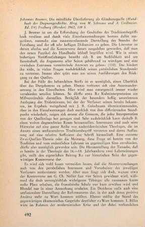 492-494 [Rezension] Beumer, Johannes, Die mündliche Überlieferung als Glaubensquelle