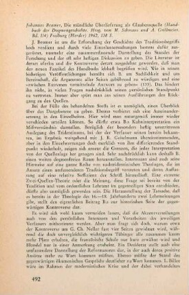 492-494 [Rezension] Beumer, Johannes, Die mündliche Überlieferung als Glaubensquelle
