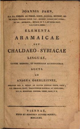 Joannis Jahn, ... Elementa Aramaicae seu Chaldaeo-Syriacae linguae