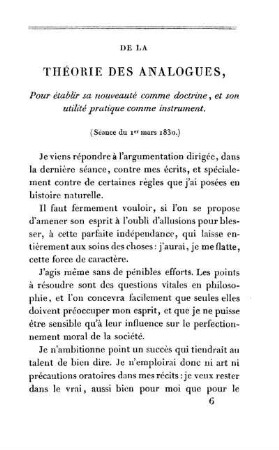 De La Théorie Des Analogues, Pour établir sa nouveauté comme doctrine, et son utilité pratique comme instrument (Séance du 1er mars 1830.)