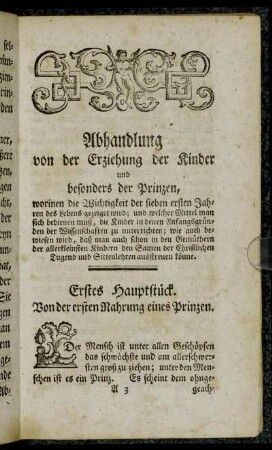 Erstes Hauptstück. Von der ersten Nahrung eines Prinzen.