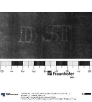 A: Heraldischer Adler, bekrönt, mit Reichsapfel und Zepter, mit Brustschild: [...]; B: Buchstaben (zweikonturig): DST