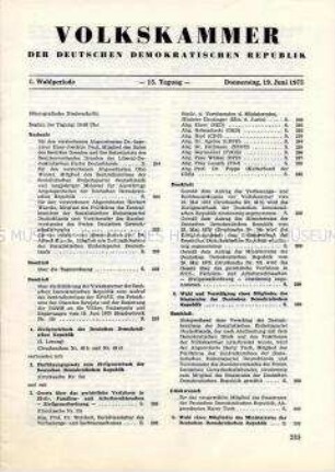 Materialien der Volkskammer zur 15. Tagung 1975 mit der Diskussion um das Zivilgesetzbuch und Beschlüssen zu Personalfragen