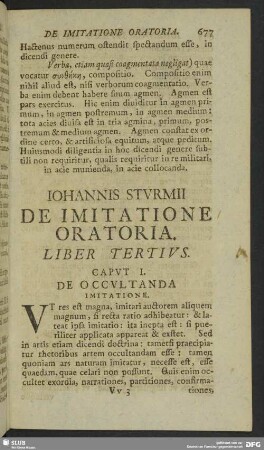Iohannis Sturmii De Imitatione Oratoria. Liber Tertius