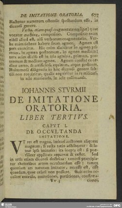 Iohannis Sturmii De Imitatione Oratoria. Liber Tertius