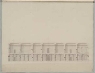 Schloss, Entwurf, Längsschnitt : Schloss, Entwurf, Längsschnitt, unbekannter Zeichner, 18. Jh. Graphit, Pinsel in Wasserfarbe/Papier. 50,5 x 39 cm. Vgl. Bl. 23 + 25, Entwurfsvariante.