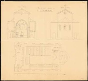 Kirche, Friedewalde: Grundriss, Ansicht Chor, Querschnitt (Durchzeichnung von Inv.Nr. 17290)