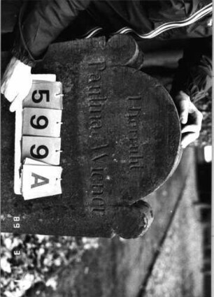 Grabstein 599 (Index: 99753106) Material: Sandstein Zustand: leicht verwittert Maße HxBxT: 124x57x11 cm Beschreibung: ädikulaart. St. m. Pilastern, eingezog. Rundbogenabschl. , rechteck. Schriftfeld Symbolik: zwei Tauben, ein Herz zwischen sich, Zopffries, Voluten, Blätter: Grabstein 599A