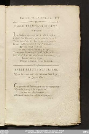 Fable Trente-Quatrieme. Dispute survenue entre les Animaux pour le pas; en Quatre Fables.