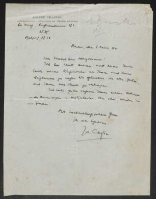 Brief von Joseph Chapiro an Margarete Hauptmann