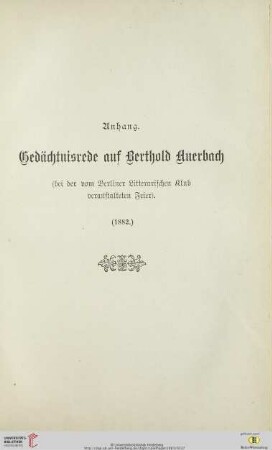 Anhang: Gedächtnisrede auf Berthold Auerbach
