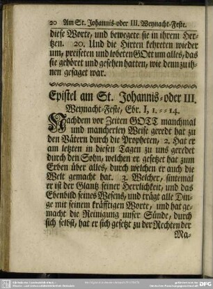 Epistel am St. Johannis- oder III. Weyhnacht-Feste